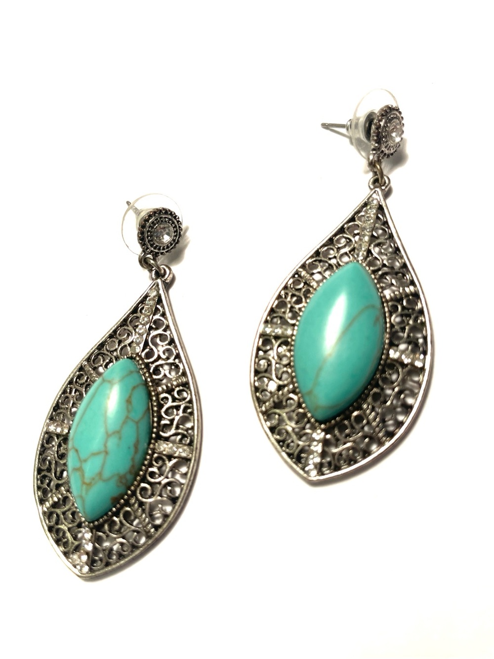 Turquoise Marquise Filigree Drop Earrings - Women Jewelry